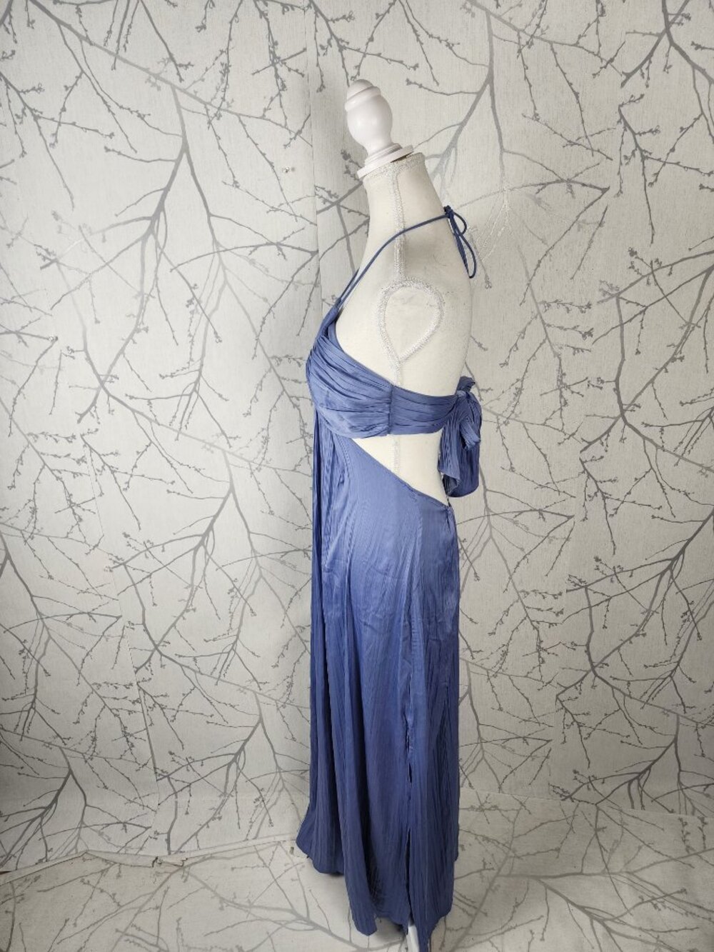 By Anthropologie Periwinkle Blue Satin Strappy Halter Tie Back Maxi Dress - Picture 4 of 8